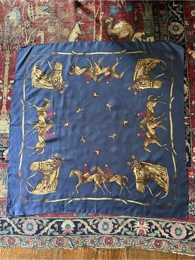 Vintage Ralph Lauren Equestrian Horse Print Silk Scarf in Navy
